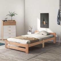 Lit en bois massif, lit futon, lit en bois massif, sommier à lattes, couleur naturelle - 200 x 90 cm