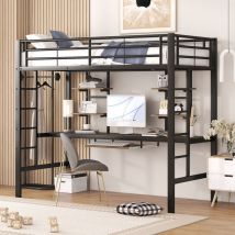 Galozzoit - Lit en métal avec cadre de lit, lit en fer, lit mezzanine avec bureau et deux étagères pour enfants, adolescents et adultes, 90x200cm,
