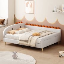 Hauss Spole - Lit enfant 140x200 cm, lit capitonné double, forme dinosaure, velours, sans matelas, beige