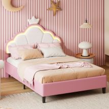 Sureh - Lit enfant 140x200, Lit double capitonné couronne avec lumières led, lit princesse en forme de couronne,Tête de lit réglable en hauteur,