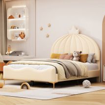 Lit enfant 140x200cm en similicuir - tête de lit en forme de citrouille - avec sommier à lattes - Beige