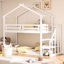 Lit enfant 90200cm, lit superposé bas avec escalier de sécurité, cadre de lit superposé en bois massif avec sommier à lattes, blanc Okwish