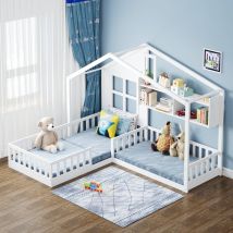 Lit enfant 90x200 cm (140x70 cm) avec fenêtre et cheminée en forme de maison, étagères et grille de sécurité et sommier à lattes, blanc