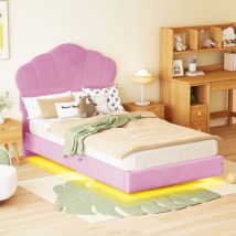 Lit enfant 90x200 cm en velours avec led - tête de lit en forme de nuage - Rose