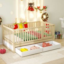 Lit enfant 90x200 cm, lit bébé, cadre de lit en bois avec barrière, transformable en deux lits séparés, naturel et blanc