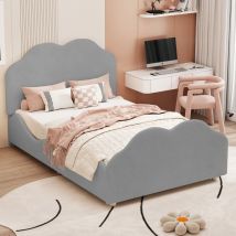 Lit enfant rembourré en velours - 90x200cm - avec tête de lit en forme de nuage + sommier à lattes - Gris
