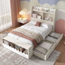 Hauss Spole - Lit enfant 90x200 cm, lit simple, lit adulte/ado avec tiroirs, banquette de rangement, blanc, sans matelas