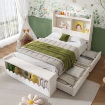 Hauss Spole - Lit enfant 90x190 cm, lit simple, lit adulte/ado avec tiroirs, banquette de rangement, blanc, sans matelas