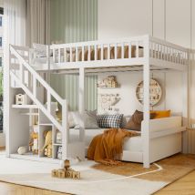 Lit enfant 90x200 cm,escalier de rangement, lit mezzanine,lit enfant avec escalier,avec protection antichute et escalier, bois, blanc