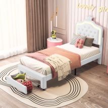 Lit enfant 90x200 cm,lit simple capitonné 90 x 200 avec tiroir,LED réglable,lit princesse avec couronne,PU,blanc