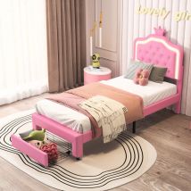 lit enfant 90x200, lit capitonné 90x200, lit simple enfant avec led réglable, lit princesse avec 2 tiroirs, tête de lit réglable en hauteur, forme de