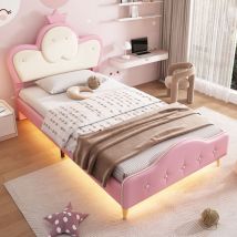 Gutent - Lit enfant 90x200cm avec bande led monochrome, tête de lit avec couronne, tête de lit ondulée, pu, rose + blanc