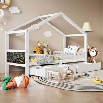 Hauss Spole - Lit enfant 90x200cm, lit cabane avec 2 tiroirs, antichute, matelas non inclus, pin, blanc