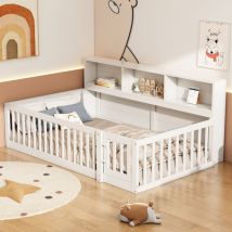 Lit enfant 90x200cm, lit cabane, Compartiment de rangement pour tête de lit, barrière de sécurité, sans matelas, bois de pin, blanc