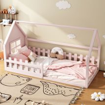 Lit enfant 90x200cm, lit cabane, forme maison, barrière de sécurité, sommier à lattes, pin+MDF, sans matelas, rose