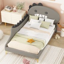 Hauss Spole - Lit enfant 90x200cm, lit simple, forme dinosaure dessin animé, matière pu, sans matelas, gris