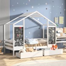 Blanketswarm - Lit enfant 90x200,lit cabane en bois massif 90x200cm avec 2 tiroirs, avec 2 tableau noir,espace de rangement, sommier à lattes, lit