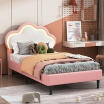 Lit enfant 90x200,Tête de lit en forme de nuage avec lumières led réglables,Tête de lit réglable en hauteur,pu,rose