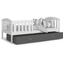 Lit Enfant Teo 90x190 Blanc - gris Livré avec sommiers, tiroir et matelas en mousse de 7cm