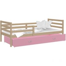 Kids Literie - Lit Enfant Milo 90x190 Pin - rose Livré avec sommiers, tiroir et matelas en mousse de 7cm
