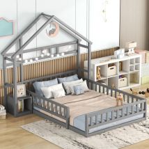 Modernluxe - Lit enfant cabane 140x200cm avec une table de chevet et barrières de sécurité - sommier à lattes - Gris