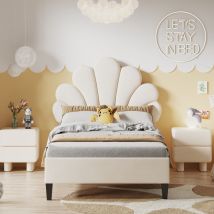 Basetbl - Lit enfant capitonné 90 x 200 cm, cadre de lit avec tête de lit en forme de fleur et sommier à lattes, lit ado fille en tissu velours doux