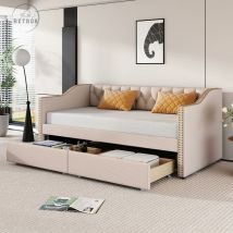 Lit Enfant Capitonné 90x200cm - Beige, Canapé Convertible avec Deux Tiroirs Amovibles, Méridienne en Lin Résistant - beige