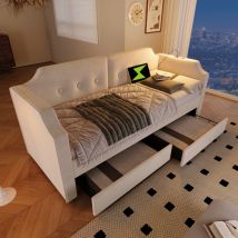 Lit enfant capitonné canapé-lit 90 x 200 cm avec lampe de lecture usb Type-C, 2 tiroirs, sommier à lattes, velours, beige, sans matelas