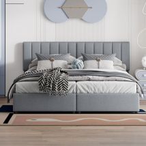 Wishdor - Lit coffre Lit enfant Lit capitonné 180 x 200 cm, hydraulique, lin doux pour la peau, gris