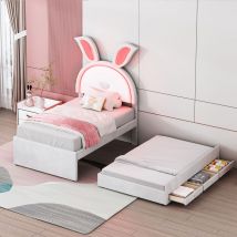 Modernluxe - Lit enfant embourré 90x200cm en velours - lit gigogne avec 3 tiroirs et lumières led colorées - Beige