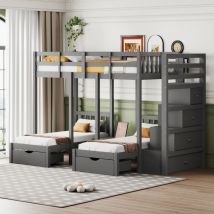 Lit enfant en bois massif 90 x 200 cm cm, lit superposé avec tiroirs de rangement et échelle de sécurité, design barrière de sécurité, avec table de
