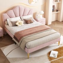 Lit enfant en velours 140x190cm avec sommier à lattes - tête de lit en forme de coquille - Rose