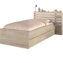 Lit enfant escale 90x190/200 cm - Décor chene - Tete de lit + 2 tiroirs - L121,5 x H88,6 x P216,8 cm