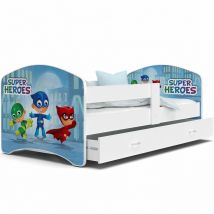 Kids Literie - Lit Enfant Happy 80x160 Pyjamasques Blanc Livré avec sommiers, tiroir et matelas en mousse de 7cm