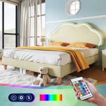 Lit enfant lit double led 160 x 200 cm, cadre de lit rembourré avec sommier à lattes et tête de lit réglable, lit en pu crème, tête de lit nuage,