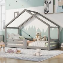 Ohjijinn - Lit enfant lit cabane avec cheminée protection antichute sommier à lattes robuste lit cabane en bois de pin pour enfants, 90 x 200 cm sans