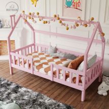 Retrok - Lit enfant lit cabane avec cheminée, sommier à lattes robuste, lit cabane en pin pour enfants, 90x200cm sans matelas, rose - pink