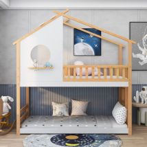 Lit enfant, lit cabane, lit double,lit superposé, 90 x 200 cm, avec escalier, clôture , naturel et blanc Kinsi