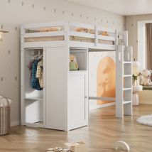 Lit enfant lit mezzanine avec armoire et étagères Lit enfant avec sommier à lattes et protection contre les chutes lit simple plan de couchage 90x200