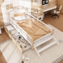 Wishdor - Lit enfant Lit simple 90 x 200 cm, cadre de lit en bois avec protection antichute, grille, échelle latérale, blanc et naturel