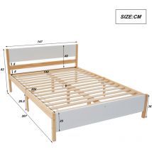 140x200 cm Lit double, lit en bois, cadre en pin avec pied central, lit de jeunes, lit d'adultes, avec tête et pied de lit en MDF, blanc + naturel
