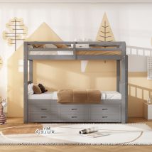 Lit enfant, lit superposé, 90 x 200 cm x 2 + 90 x 183 cm, 3 Tiroirs - Pin + mdf, 3 Places, multiassemblage - gris