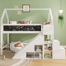 Lit enfant multifonctionnel, lit simple avec planche prête à graffitis, toboggan, escaliers et placards, escalier avec espace de rangement, sans