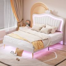 Lit Enfant Rembourré 140 X 200 Cm, Cadre De Lit Pour Fille, Couronne Blanche, Cadre De Lit Double En Cuir Pu Avec Lumières Led, Sommier À Lattes Et 