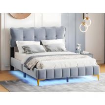 Lit rembourré 140x200cm - avec éclairage led sous le lit et sommier à lattes - Gris