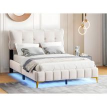 Lit rembourré 140x200cm - avec éclairage led sous le lit et sommier à lattes - Beige