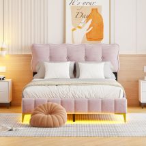 Lit rembourré 140x200cm - avec éclairage led sous le lit et sommier à lattes - Rose