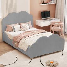 Lit enfant rembourré en velours - 90x200cm - avec tête de lit en forme de nuage + sommier à lattes - Gris