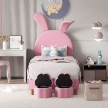 Modernluxe - Lit enfant rembourré en velours - avec led et 2 tabourets de rangement - Rose - 90x200 cm
