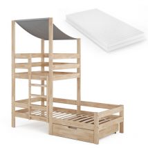 Vitalispa - Lit cabane Tom, Naturel bois, 90x200 cm avec tiroir et matelas